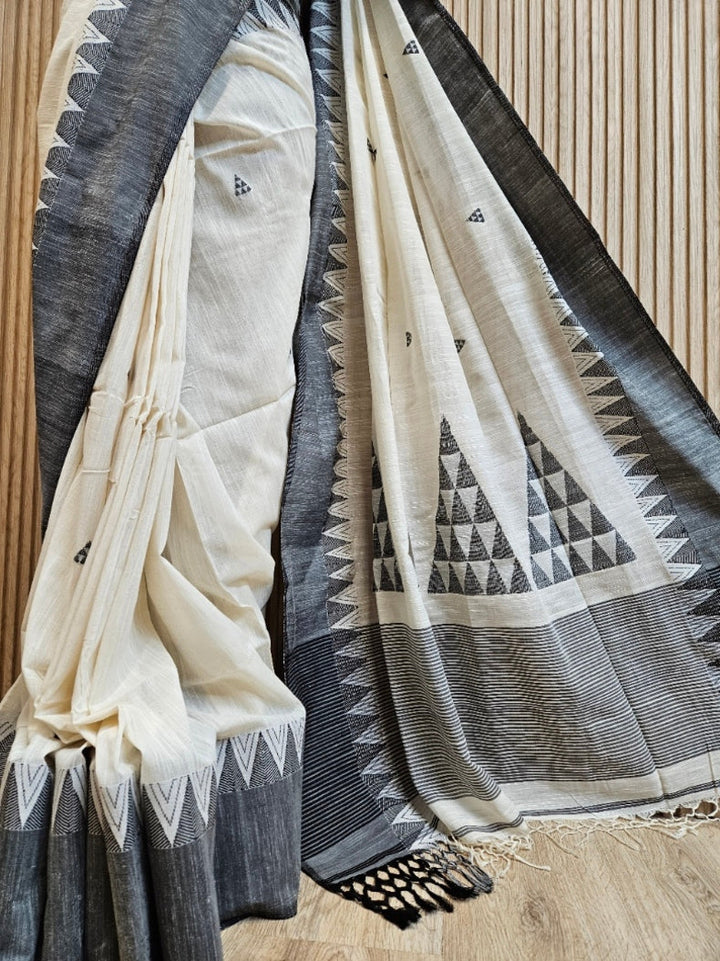 Off-White & Black Premium Handloom Cotton Saree with Temple Woven Border & Aanchal Balaram Saha