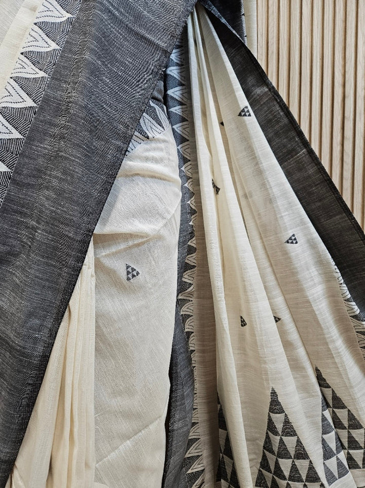 Off-White & Black Premium Handloom Cotton Saree with Temple Woven Border & Aanchal Balaram Saha