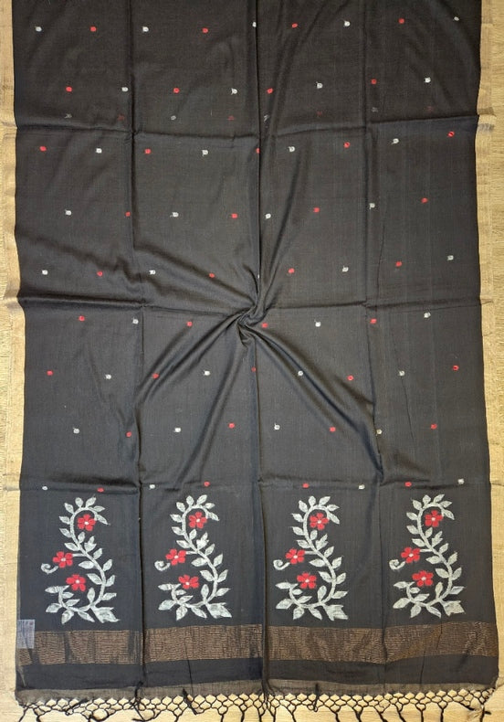 Black Handloom Traditional Cotton Handwoven Jamdani Saree Balaram Saha