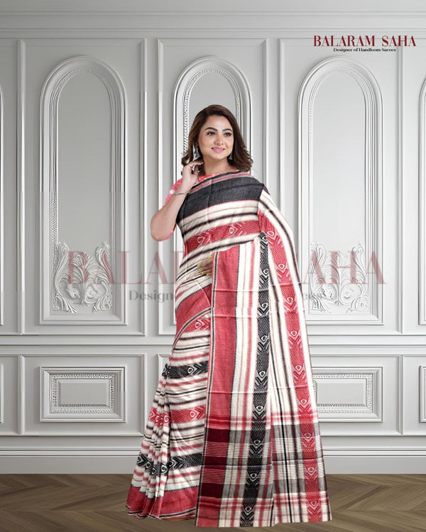 Off-White Handloom Traditional Dhonekhali  Cotton Saree Balaram Saha