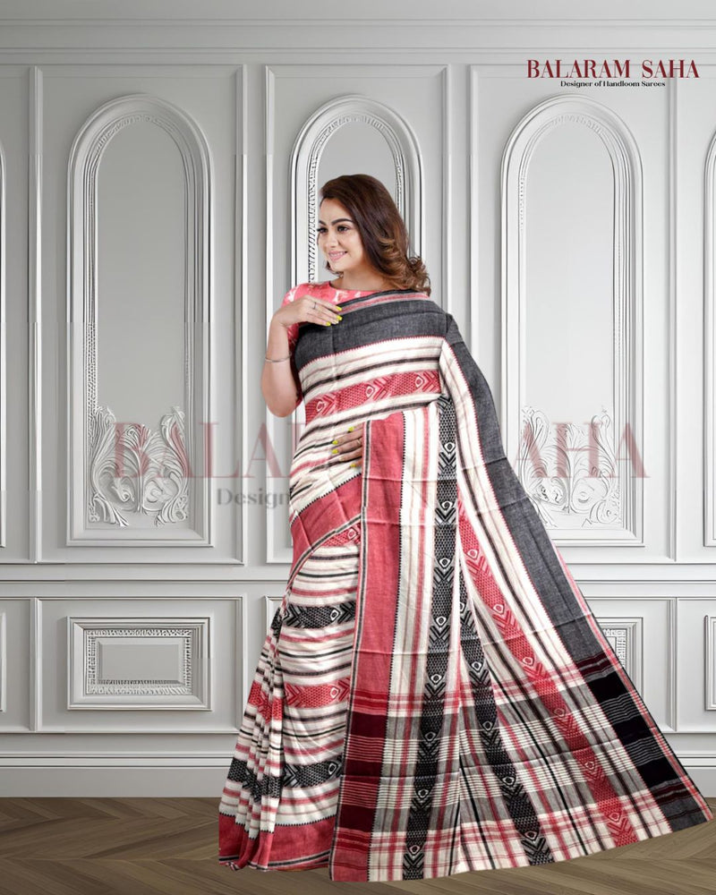 Off-White Handloom Traditional Dhonekhali  Cotton Saree Balaram Saha