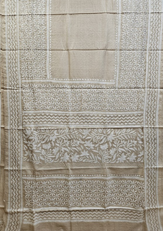 Nature-Inspired: Beige & Brown Handloom Tussar Silk Kantha Saree by Balaram Saha Balaram Saha