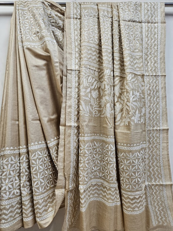 Nature-Inspired: Beige & Brown Handloom Tussar Silk Kantha Saree by Balaram Saha Balaram Saha