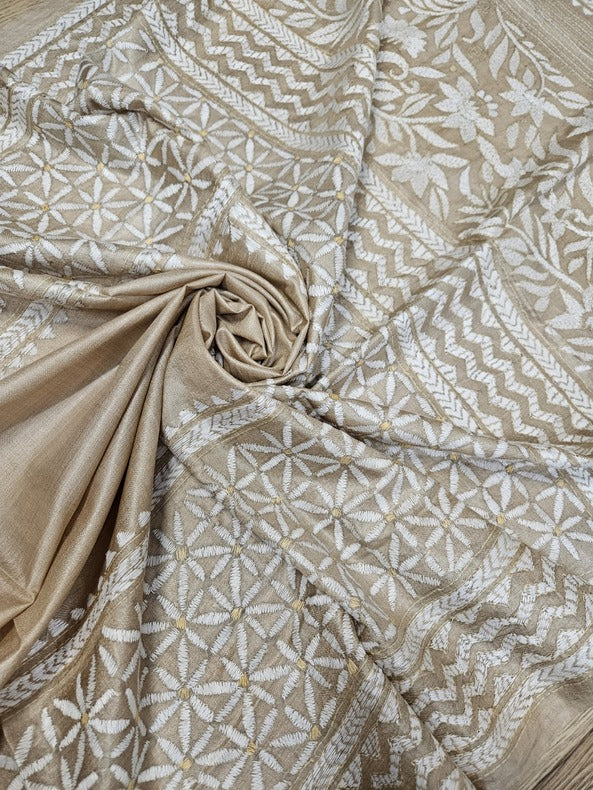 Nature-Inspired: Beige & Brown Handloom Tussar Silk Kantha Saree by Balaram Saha Balaram Saha