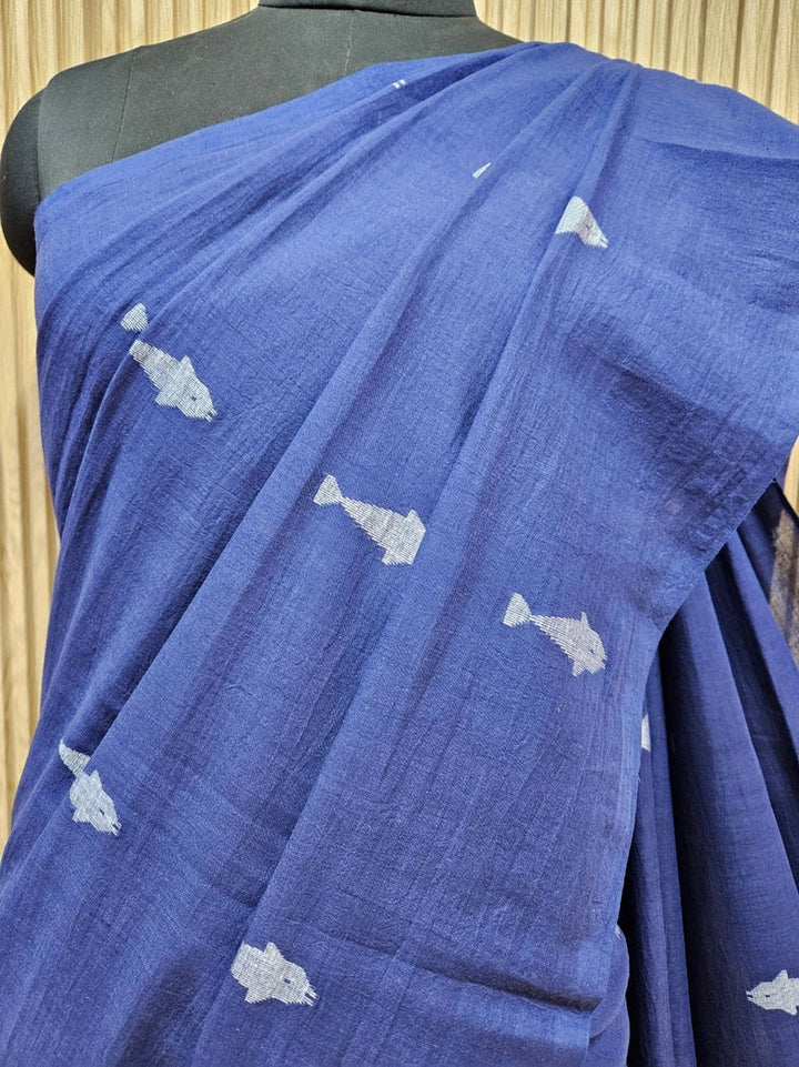 Muslin Cotton Jamdani Saree by Balaram Saha – Navy Blue & White Elegance Balaram Saha
