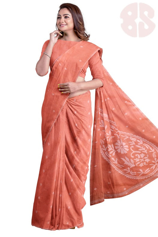 Peach & White Traditional Cotton  Handwoven Jamdani Saree