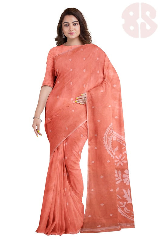 Peach & White Traditional Cotton  Handwoven Jamdani Saree