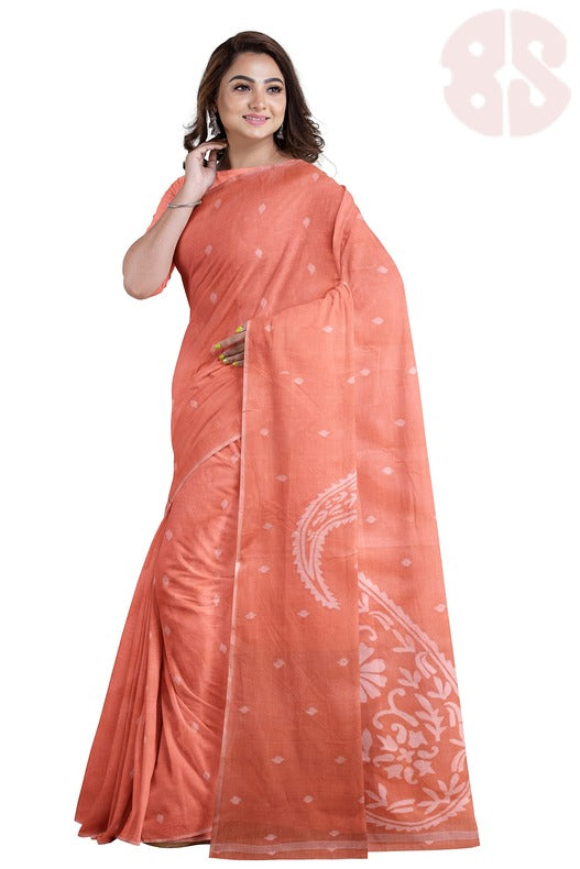 Peach & White Traditional Cotton  Handwoven Jamdani Saree