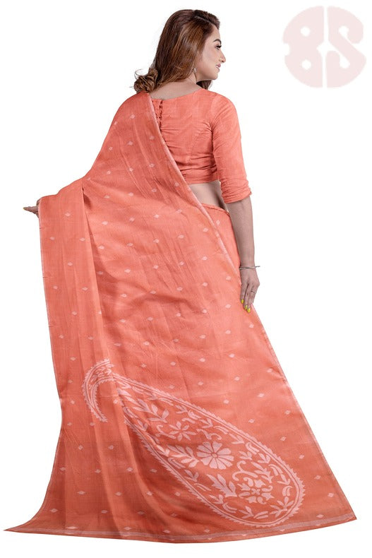 Peach & White Traditional Cotton  Handwoven Jamdani Saree