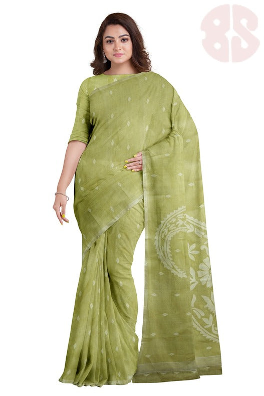 Lemon Green Handloom Traditional Cotton Handwoven Jamdani Saree