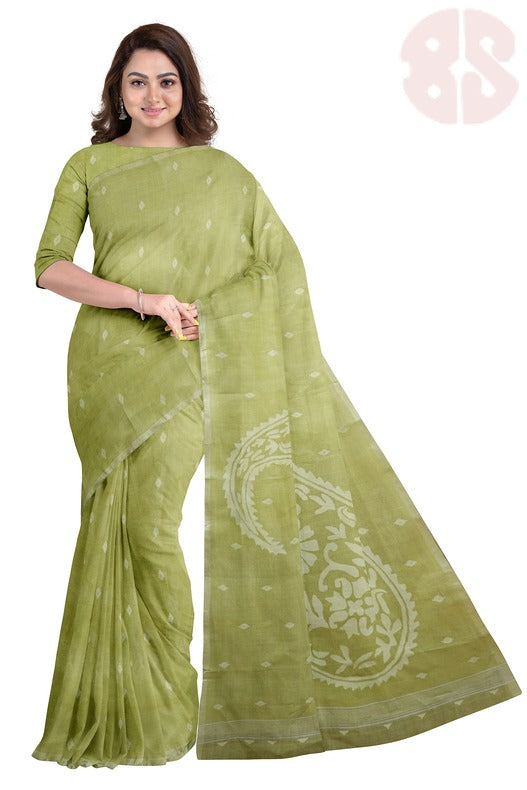 Lemon Green Handloom Traditional Cotton Handwoven Jamdani Saree