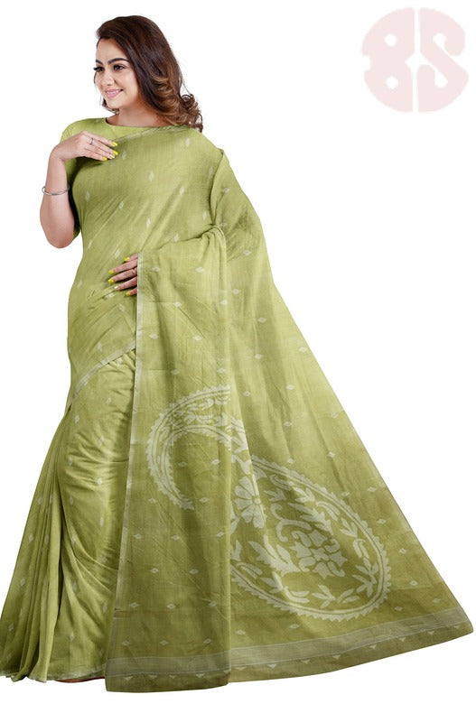 Lemon Green Handloom Traditional Cotton Handwoven Jamdani Saree