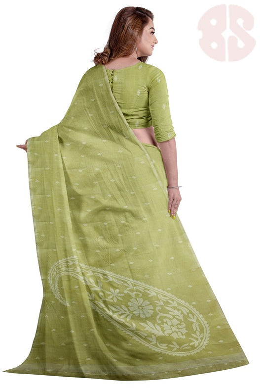 Lemon Green Handloom Traditional Cotton Handwoven Jamdani Saree