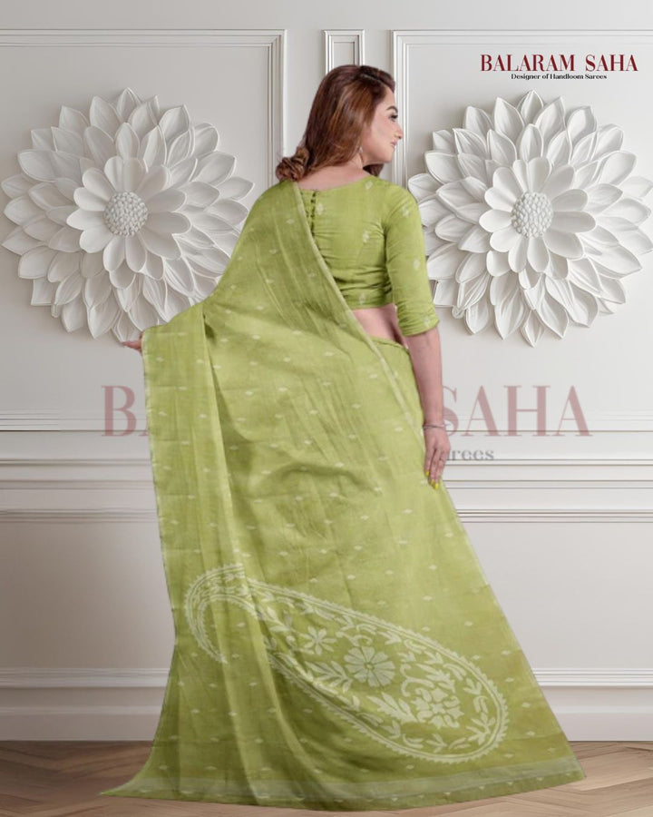 Lemon Green Handloom Traditional Cotton Handwoven Jamdani Saree 