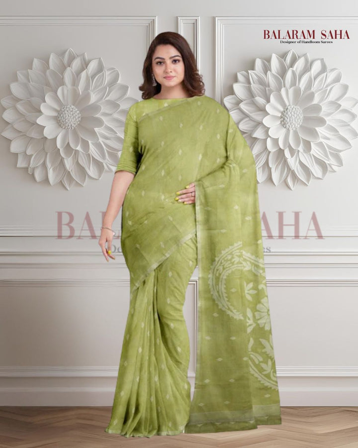Lemon Green Handloom Traditional Cotton Handwoven Jamdani Saree Balaram Saha