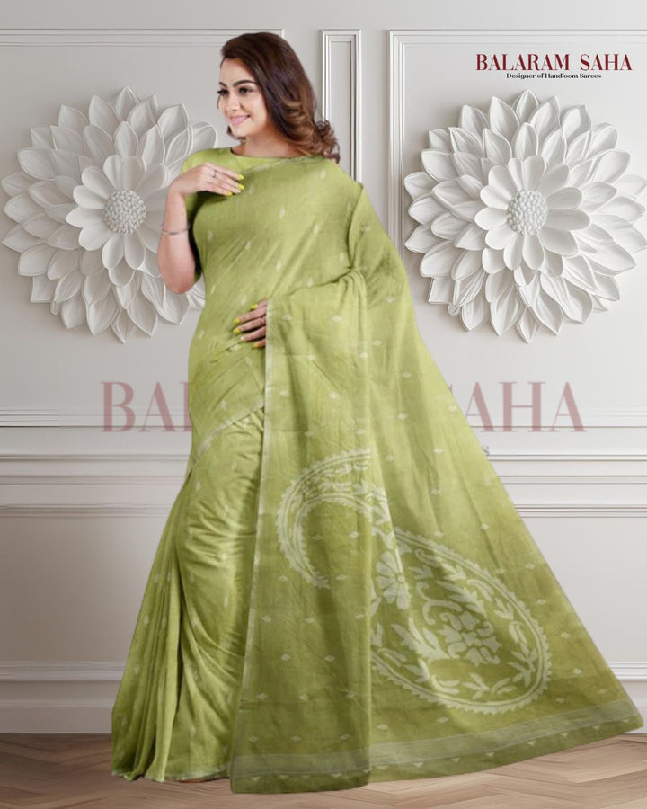Lemon Green Handloom Traditional Cotton Handwoven Jamdani Saree Balaram Saha