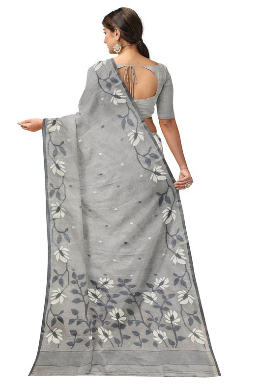 Grey Handloom Handwoven Cotton Jamdani saree