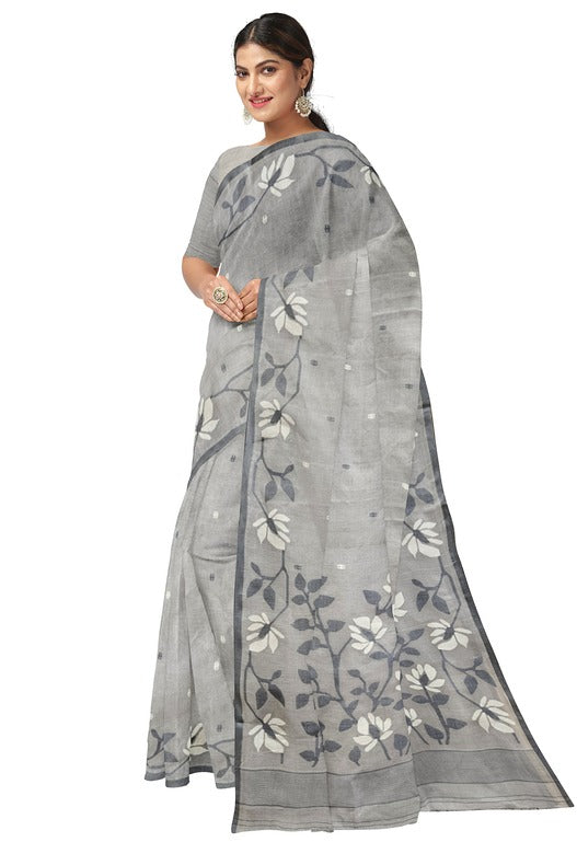 Grey Handloom Handwoven Cotton Jamdani saree