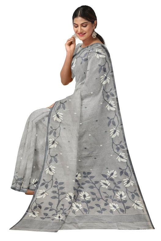 Grey Handloom Handwoven Cotton Jamdani saree