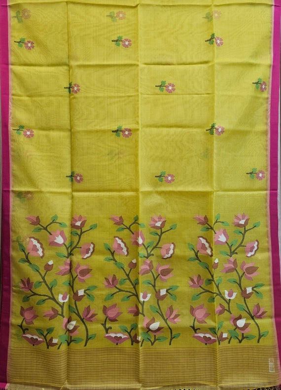 Yellow & Magenta  Handloom Muslin Silk Jamdani Saree Balaram Saha