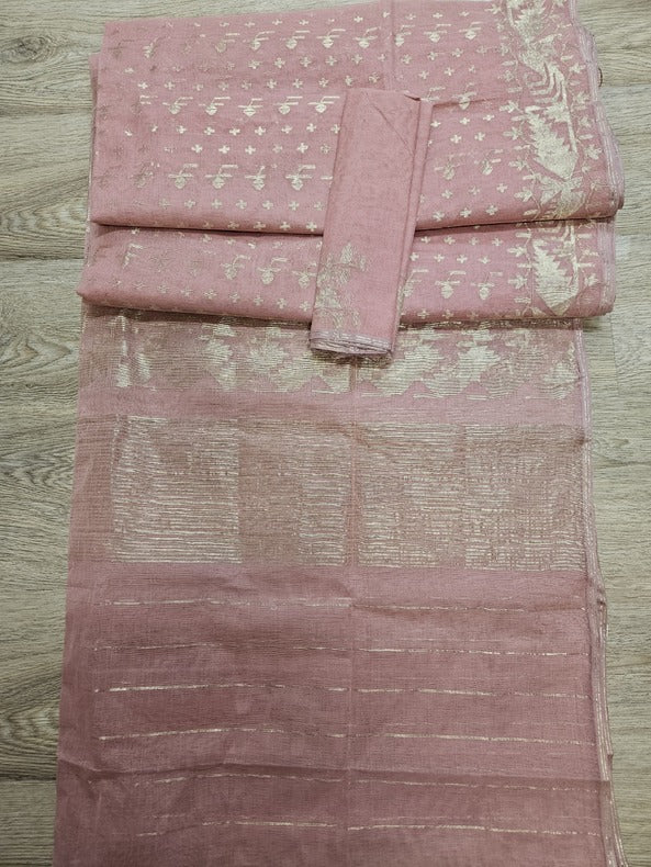 Balaram Saha: A Masterpiece in Peach & Gold Bangladesh Cotton Jamdani Saree - Balaram Saha
