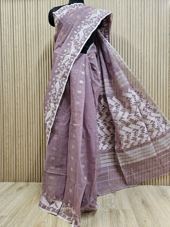 Elegance in Onion Pink : Pure Cotton Handwoven Bangladesh Jamdani Saree by Balaram Saha Balaram Saha