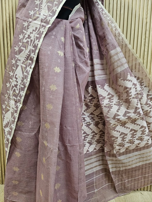 Elegance in Onion Pink : Pure Cotton Handwoven Bangladesh Jamdani Saree by Balaram Saha Balaram Saha