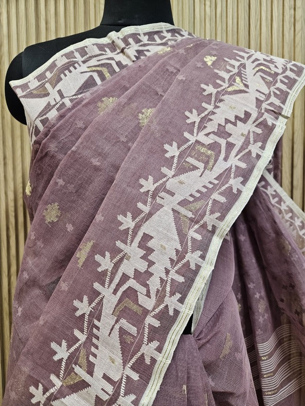 Elegance in Onion Pink : Pure Cotton Handwoven Bangladesh Jamdani Saree by Balaram Saha Balaram Saha