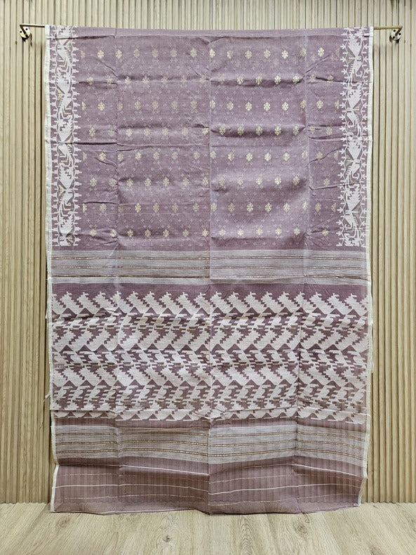 Elegance in Onion Pink : Pure Cotton Handwoven Bangladesh Jamdani Saree by Balaram Saha Balaram Saha