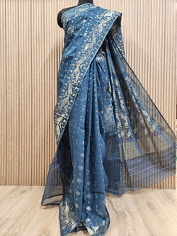 Balaram Saha's Bangladesh Dhakai Teal Blue  traditional handwoven Soft Jamdani Saree