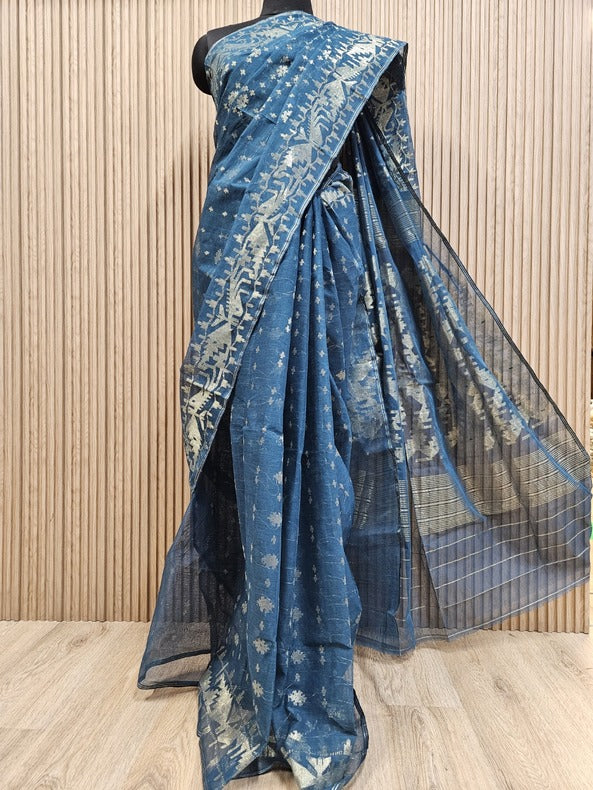 Balaram Saha's Bangladesh Dhakai Teal Blue  traditional handwoven Soft Jamdani Saree
