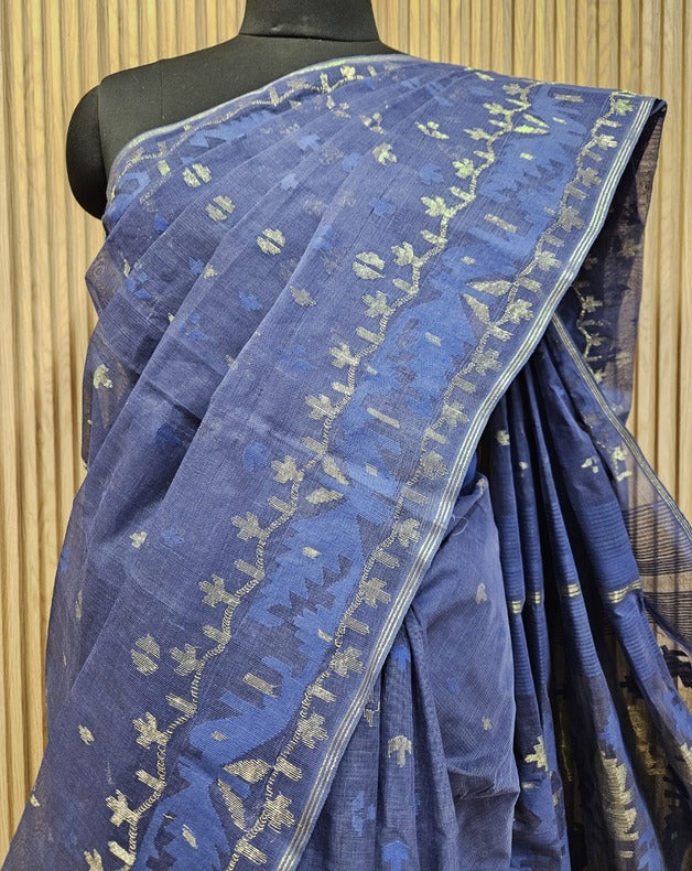 Balaram Saha: Sunshine in Every Thread - Indigo Blue Handwoven Cotton Jamdani Saree