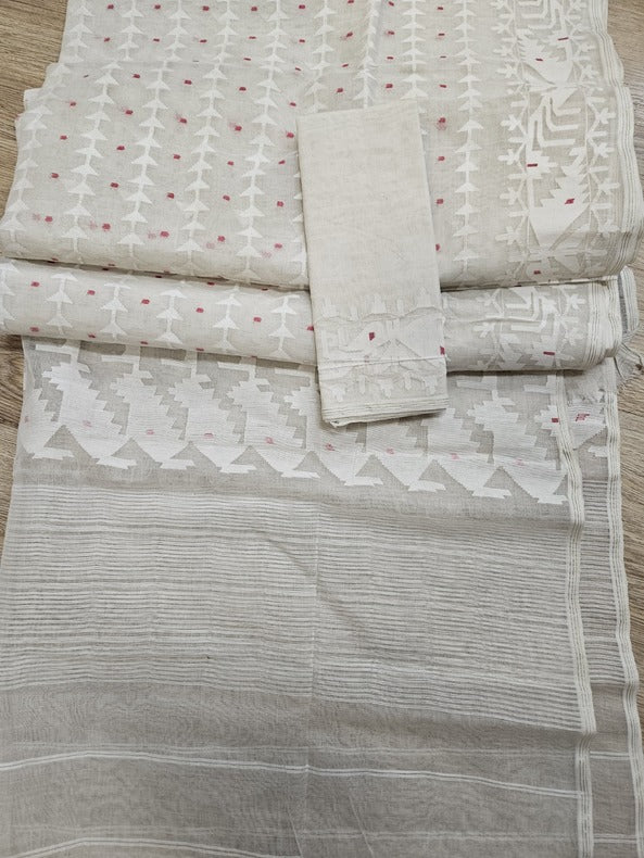 Off White Handwoven Bangladesh Cotton Jamdani Saree Balaram Saha
