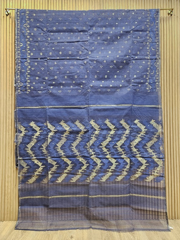 Balaram Saha: Sunshine in Every Thread - Indigo Blue Handwoven Cotton Jamdani Saree