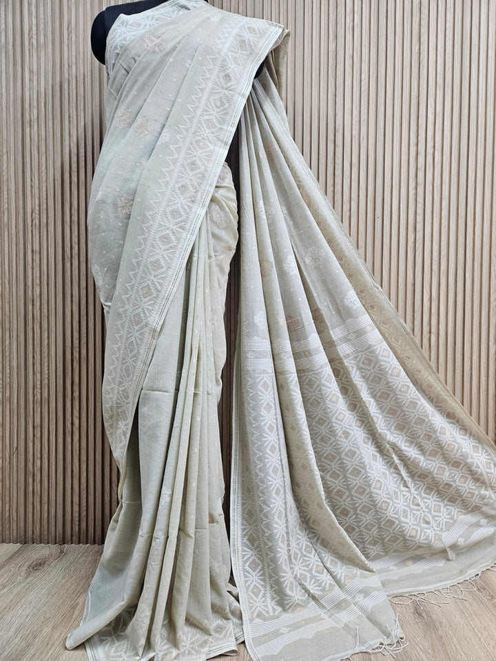 Light Dusty Green on White Handspun Handwoven Cotton Jamdani Saree with White & Gold Woven
