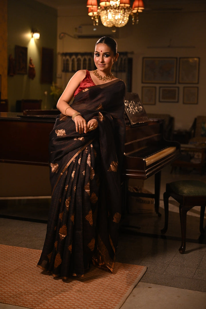 🖤 Black Handloom Matka Silk Saree with Multicolor Zari Stripes Balaram Saha
