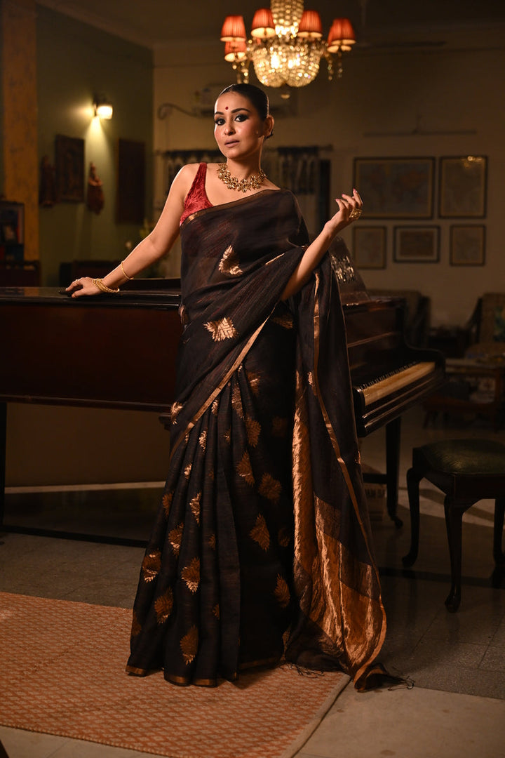 🖤 Black Handloom Matka Silk Saree with Multicolor Zari Stripes Balaram Saha
