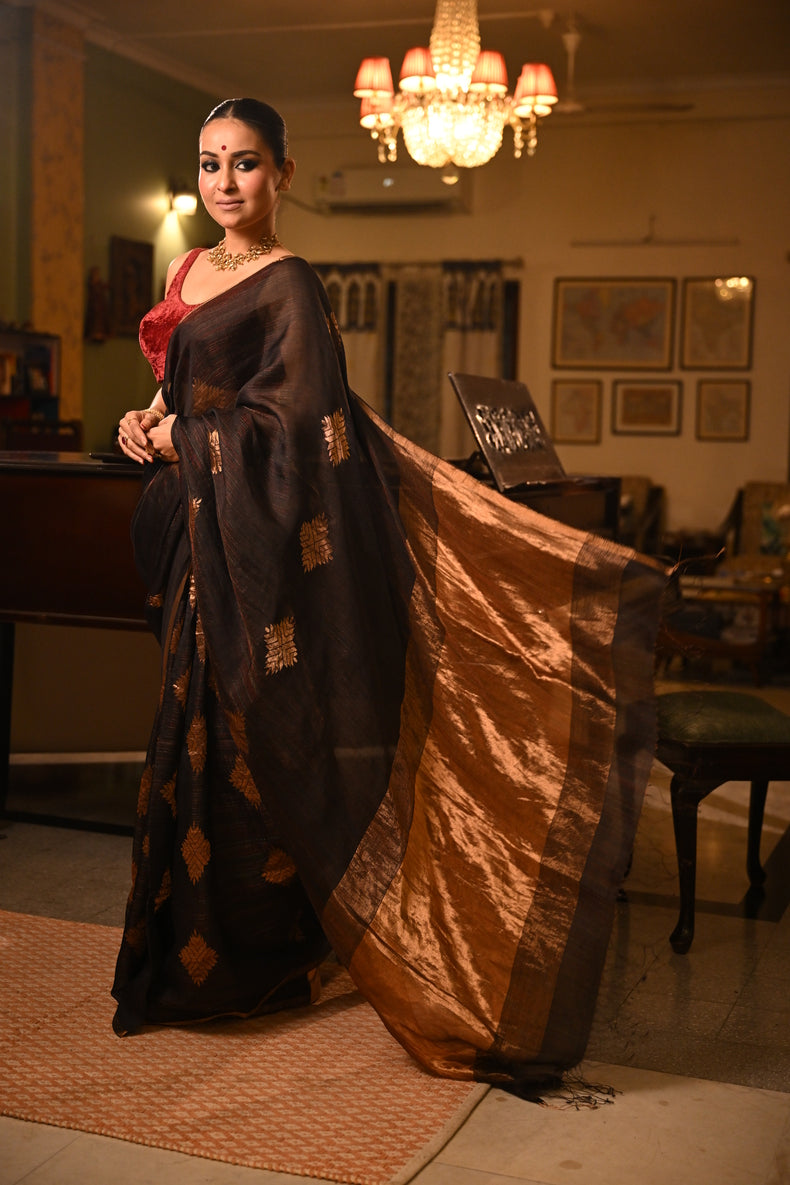 🖤 Black Handloom Matka Silk Saree with Multicolor Zari Stripes Balaram Saha
