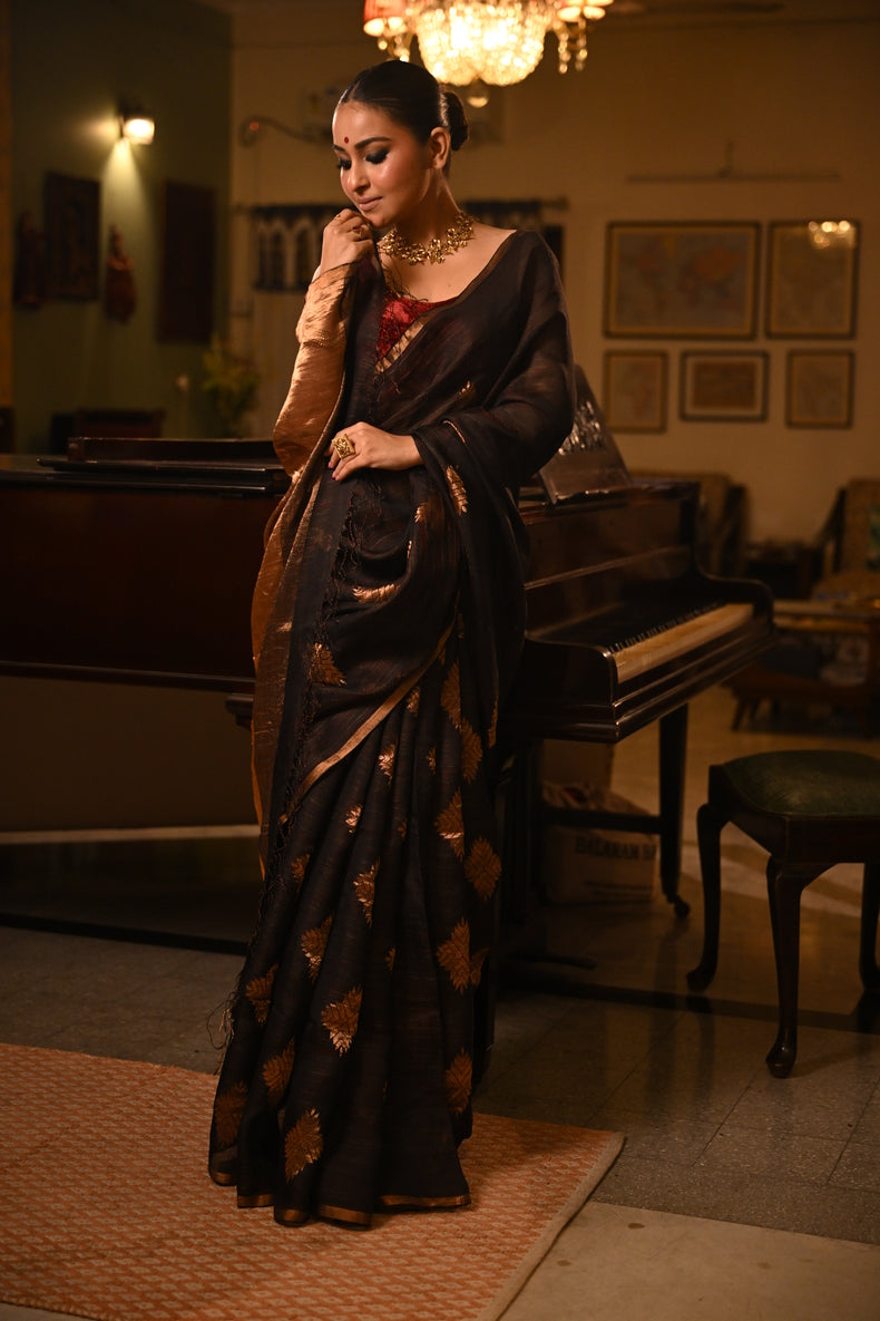 🖤 Black Handloom Matka Silk Saree with Multicolor Zari Stripes Balaram Saha