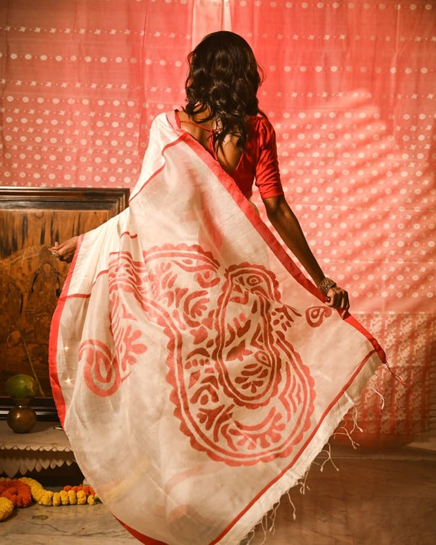White & Red Matka Silk saree with Red silk border Balaram Saha