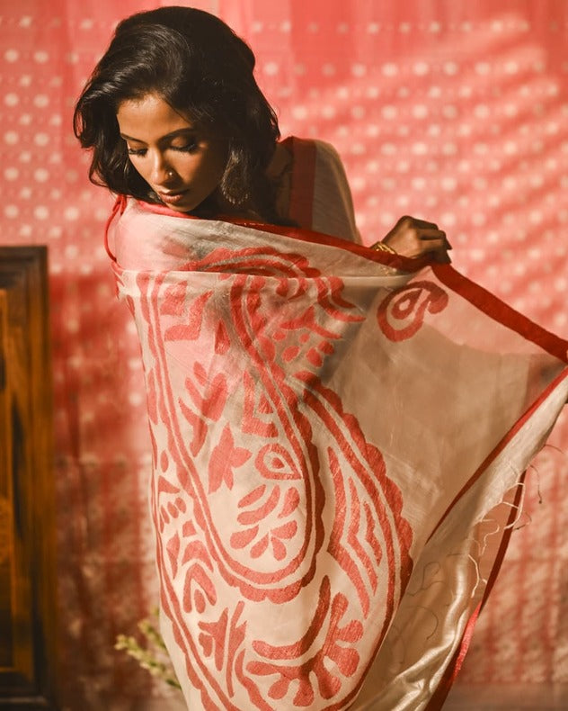 White & Red Matka Silk saree with Red silk border Balaram Saha