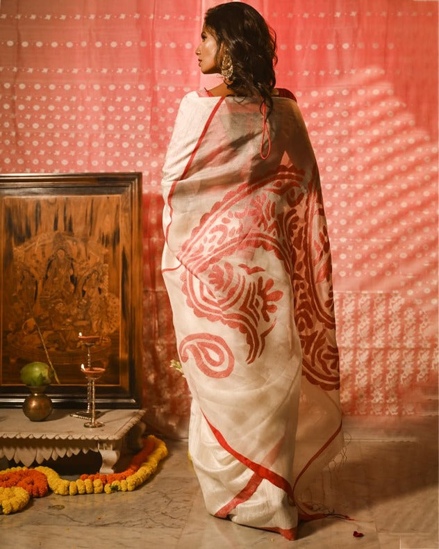 White & Red Matka Silk saree with Red silk border Balaram Saha