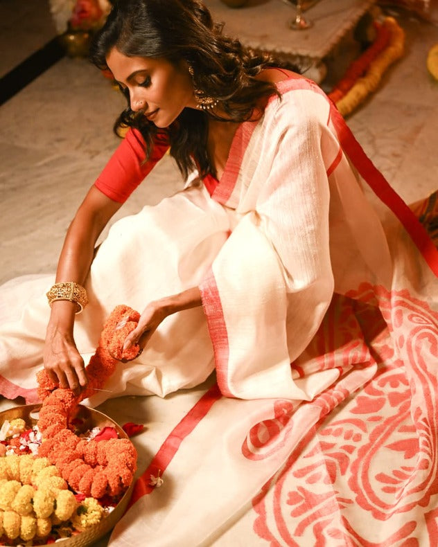 White & Red Matka Silk saree with Red silk border Balaram Saha