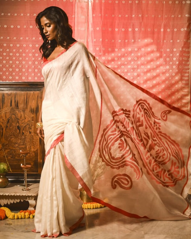 White & Red Matka Silk saree with Red silk border Balaram Saha