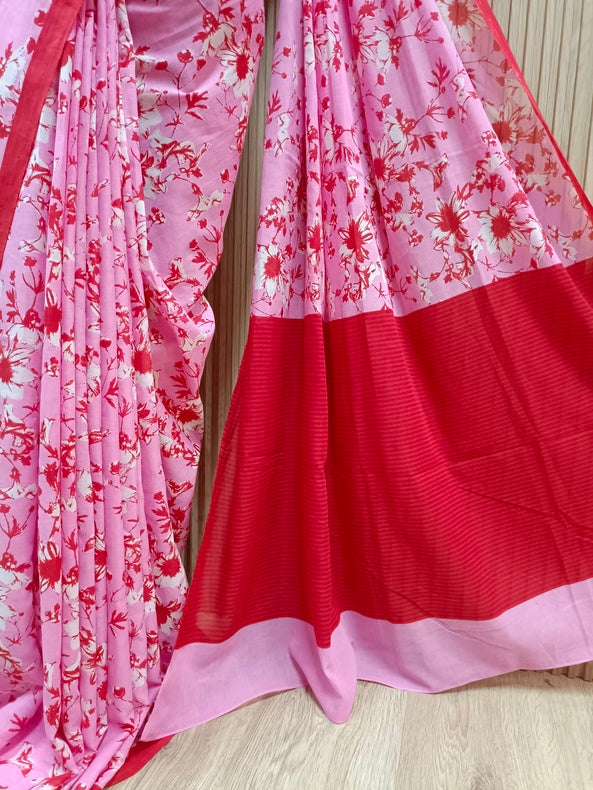 Pink & Red Handloom Finest Mul Printed Cotton Saree Balaram Saha