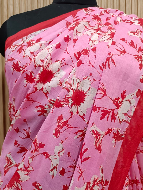 Pink & Red Handloom Finest Mul Printed Cotton Saree Balaram Saha