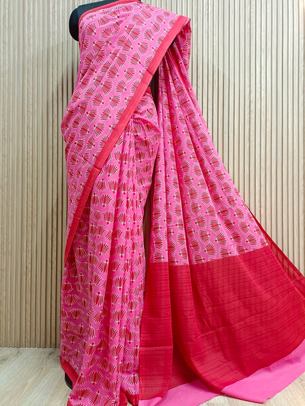 Pink & Red Handloom Finest Mul Printed Cotton Saree Balaram Saha