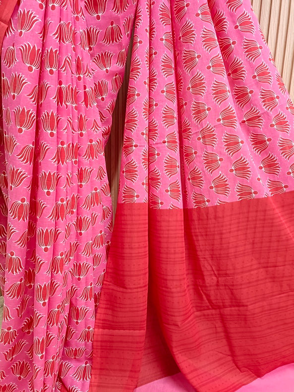 Pink & Red Handloom Finest Mul Printed Cotton Saree Balaram Saha