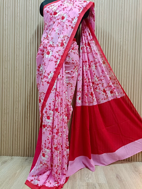 Pink & Red Handloom Finest Mul Printed Cotton Saree Balaram Saha