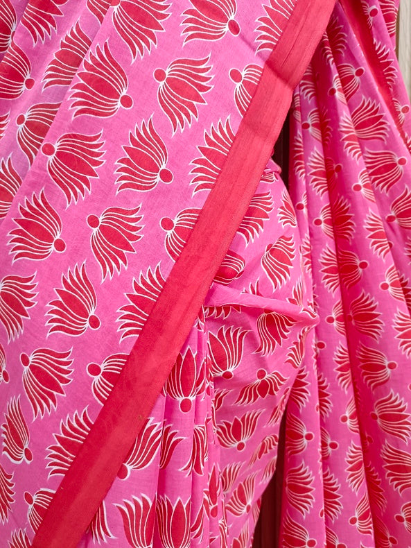 Pink & Red Handloom Finest Mul Printed Cotton Saree Balaram Saha